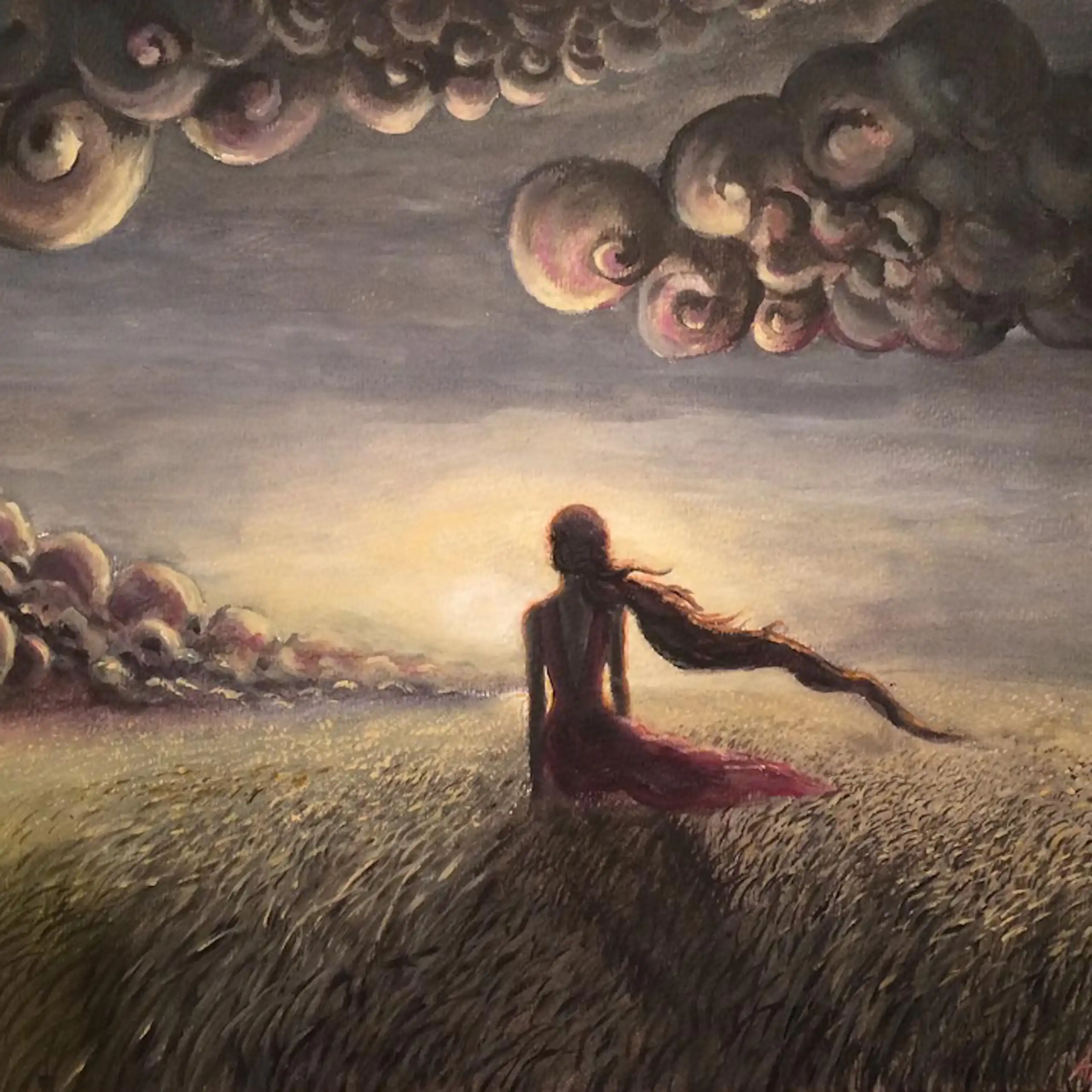 A figure with long hair in a dreamlike landscape