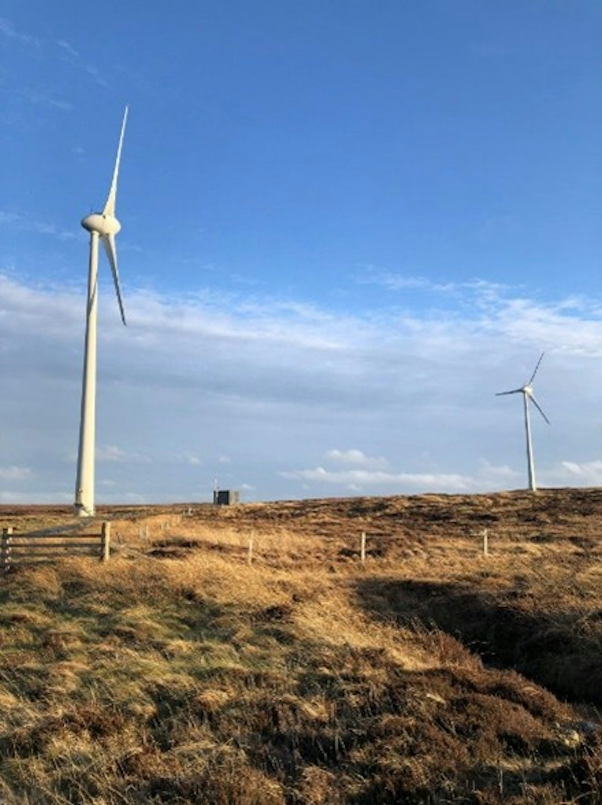 wind turbines on scottish peatland, blue sky