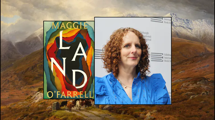 Maggie O'Farrell and her book land ontop of a landscape painting of 1800s Ireland.
