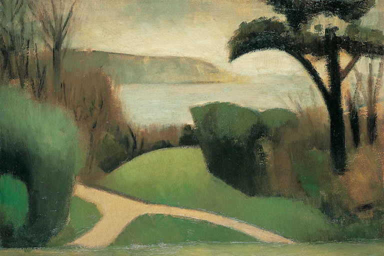 PAinting of a landscape – a garden that fives way to the sea, with cliffs in the background.