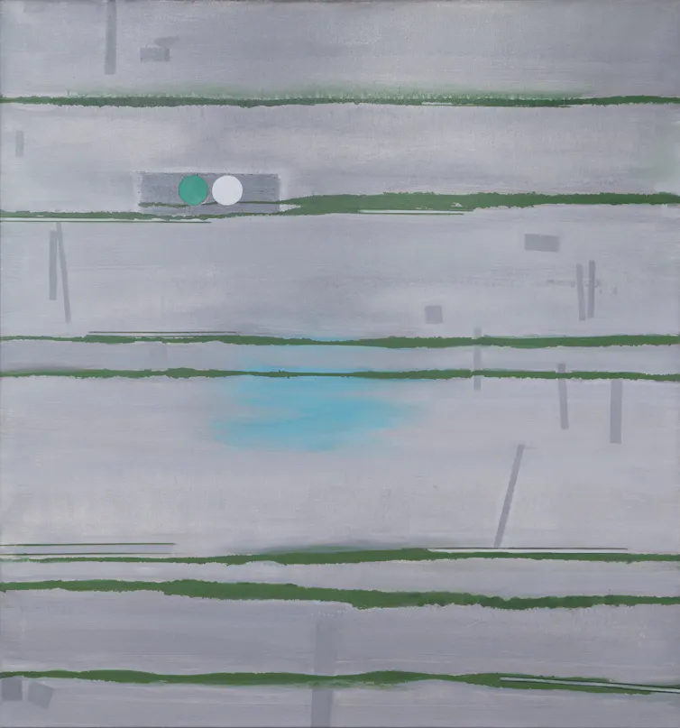 Abstract grey landscape image with green lines.