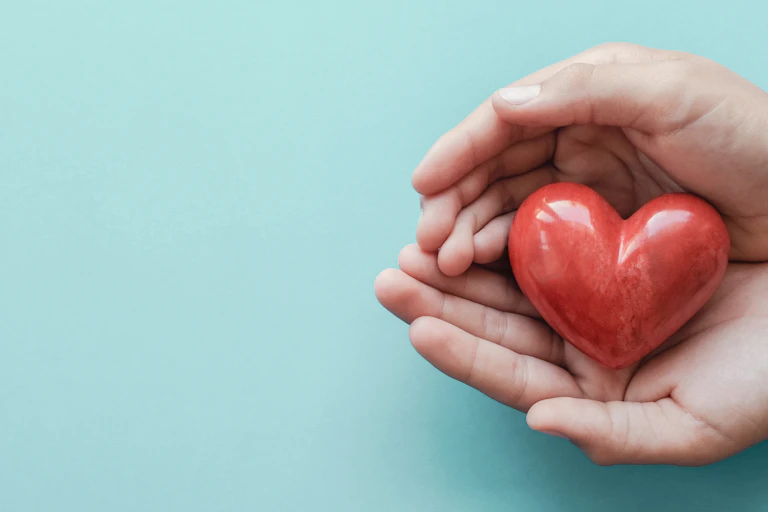 Une main entoure un coeur rouge.