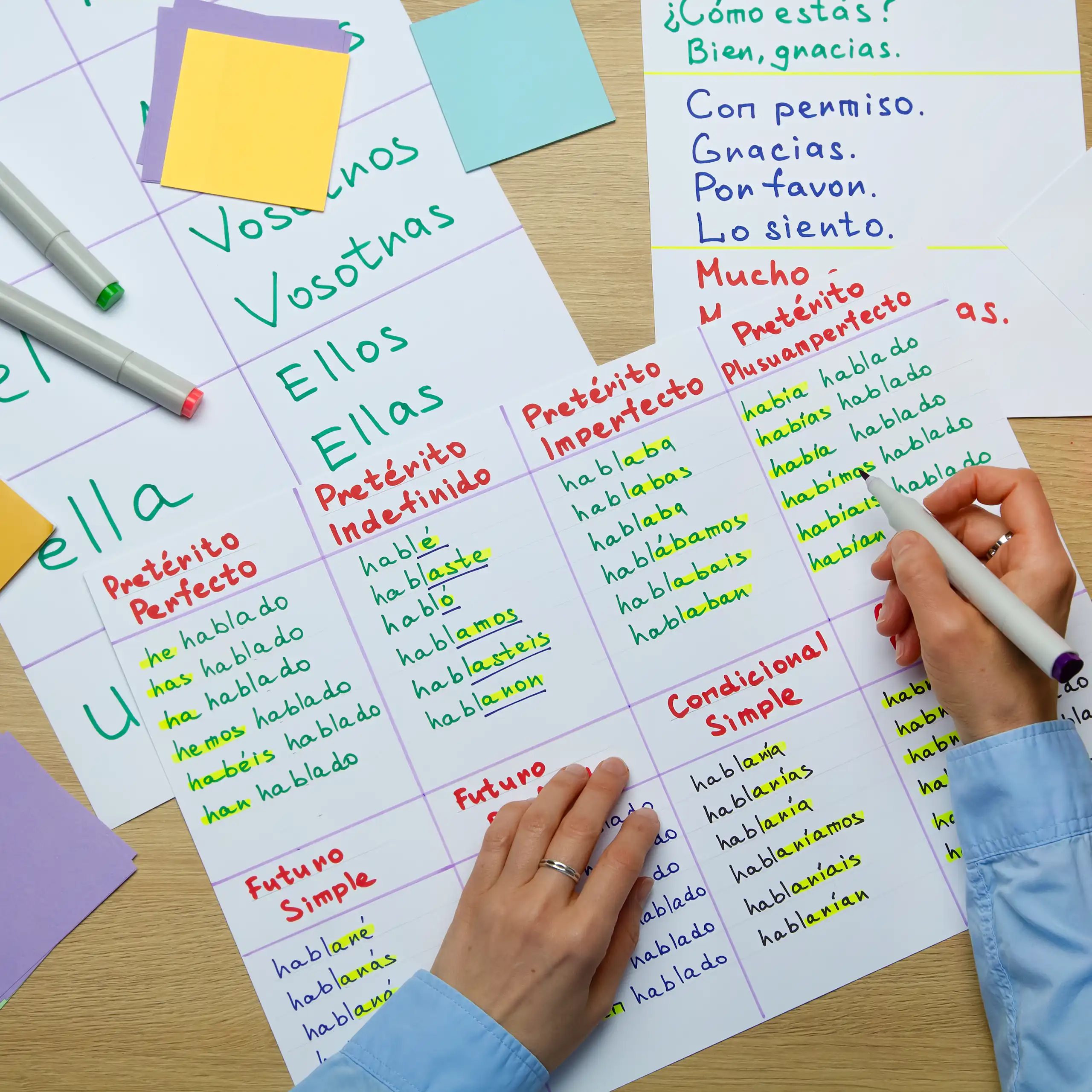 Vista cenital de unas manos infantiles escribiendo y hojas de ejercicios de escritura desperdigadas