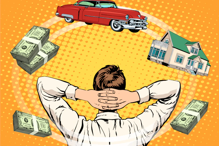 Dibujo estilo cómic donde se ve dinero y un coche girando alrededor de un hombre