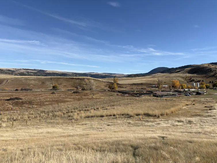 Los esfuerzos de restauración de los bisontes y los derechos de pastoreo dependen de una pregunta: ¿los bisontes son vida silvestre? 3 Amplia vista de una zona montañosa y cubierta de hierba con varios graneros y otros edificios visibles.