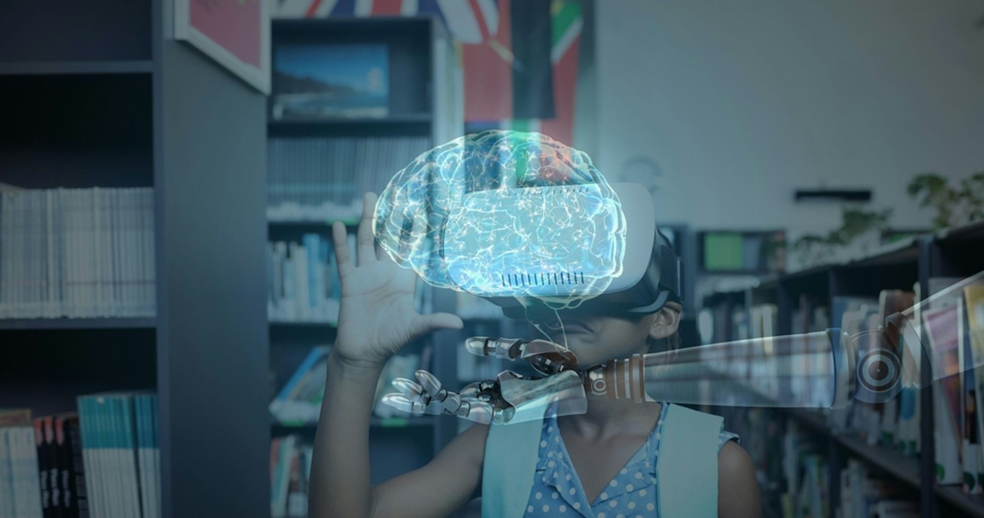 Une image de cerveau et une petite fille avec un casque de réalité virtuelle.