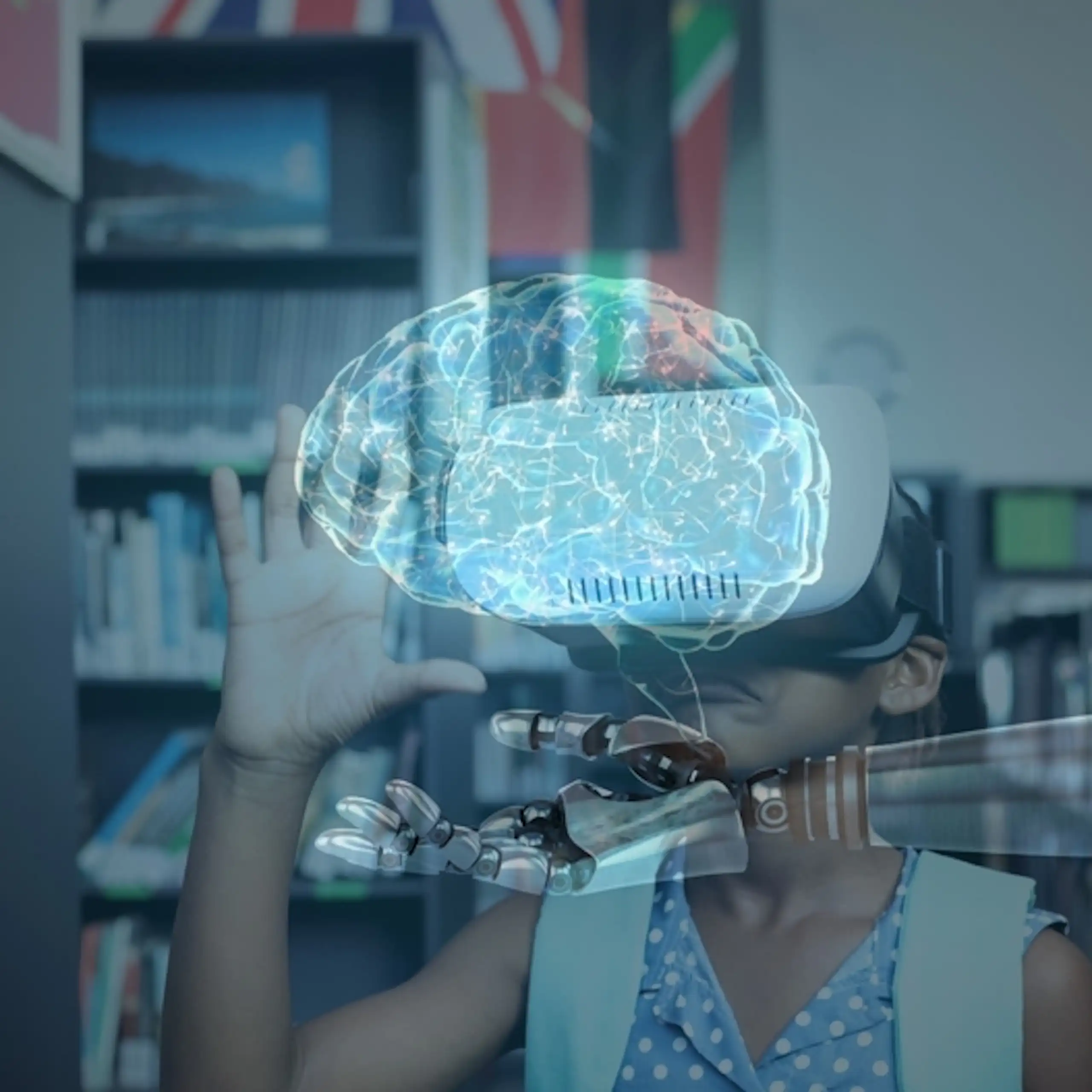 Une image de cerveau et une petite fille avec un casque de réalité virtuelle.