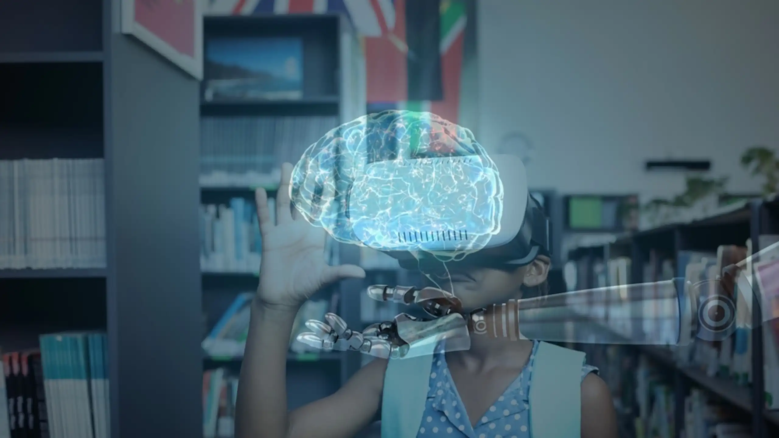 Une image de cerveau et une petite fille avec un casque de réalité virtuelle.