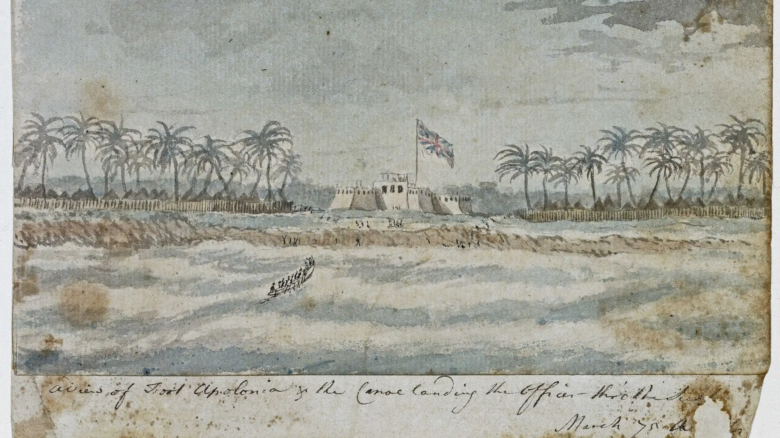An old illustration of a boat approaching a fort from across the water.
