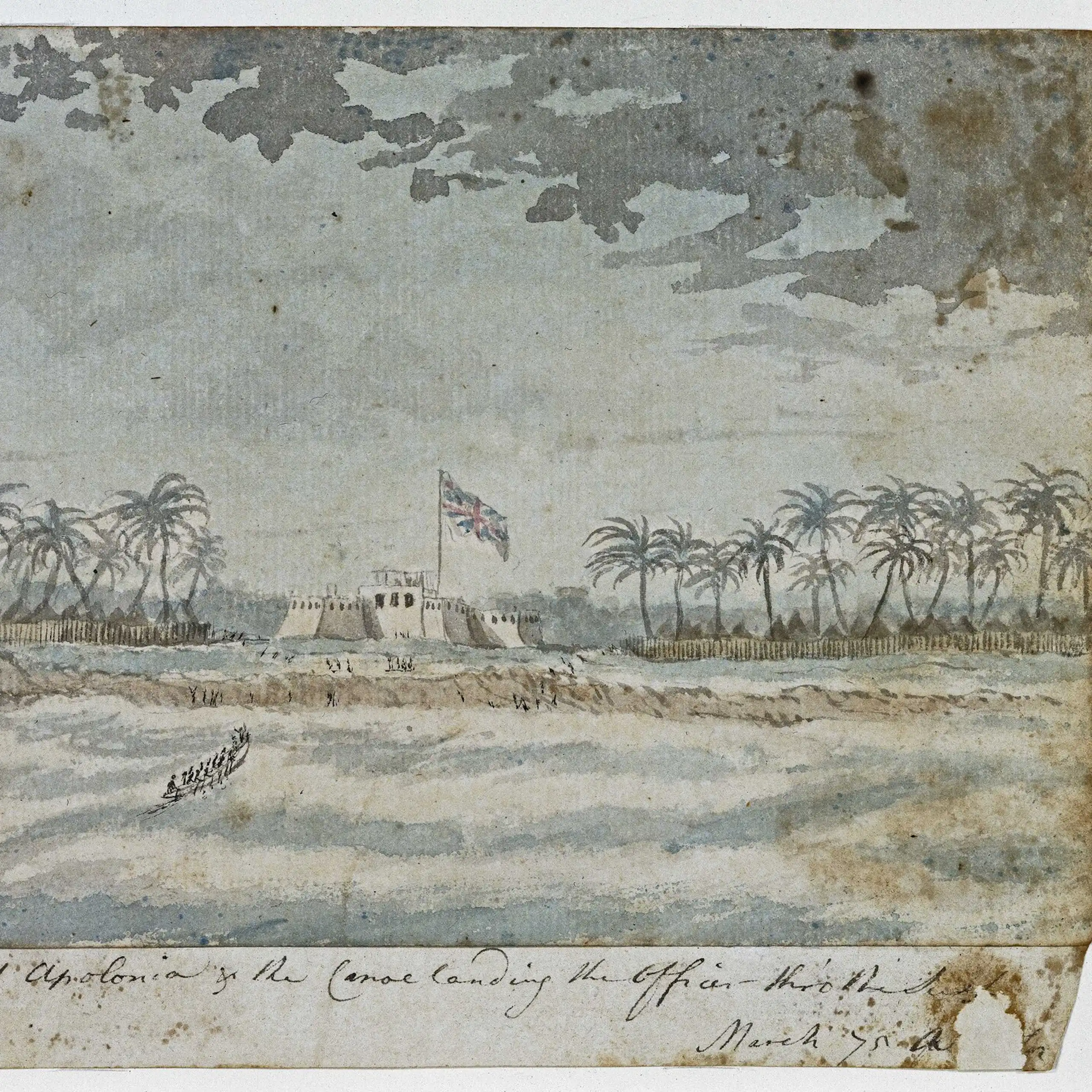 An old illustration of a boat approaching a fort from across the water.