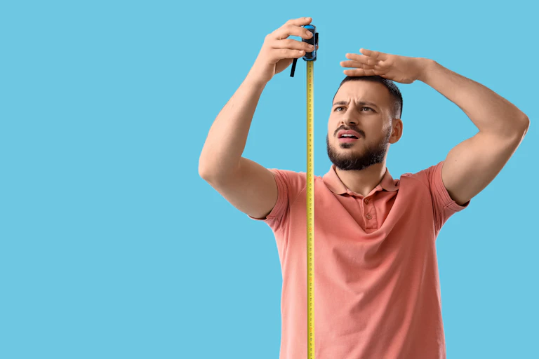 Um homem mede sua altura com uma fita métrica na mão.