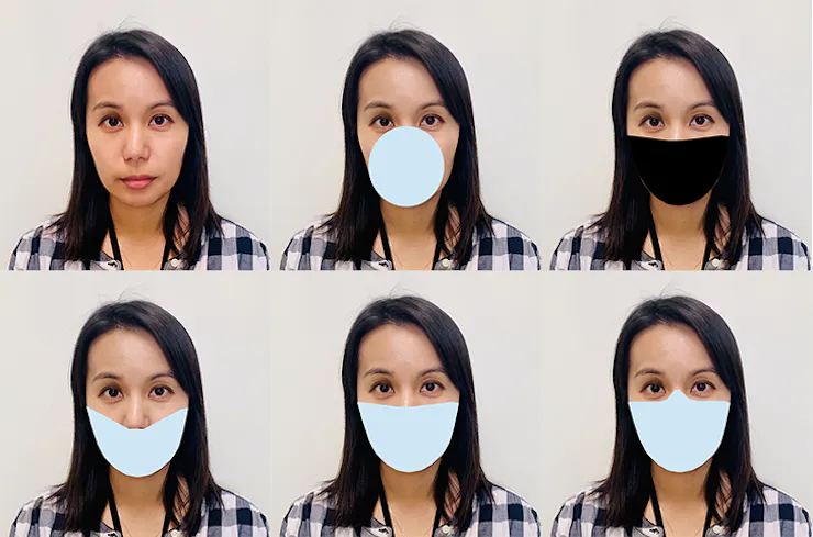 Six instances of a woman's face partly covered by face masks