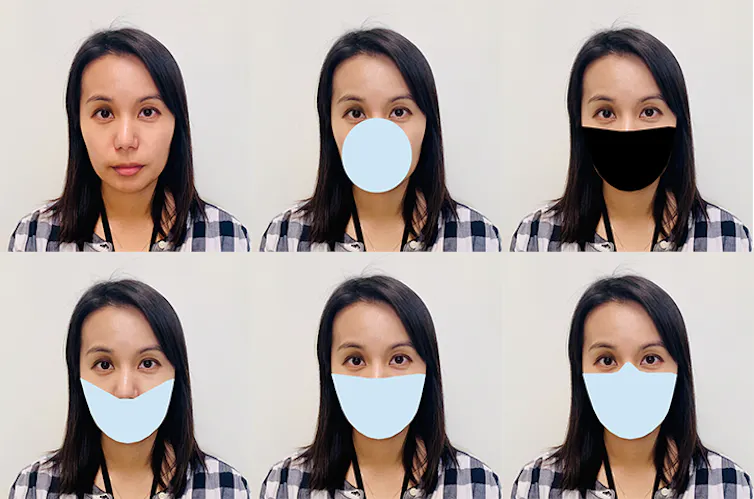 Six instances of a woman's face partly covered by face masks