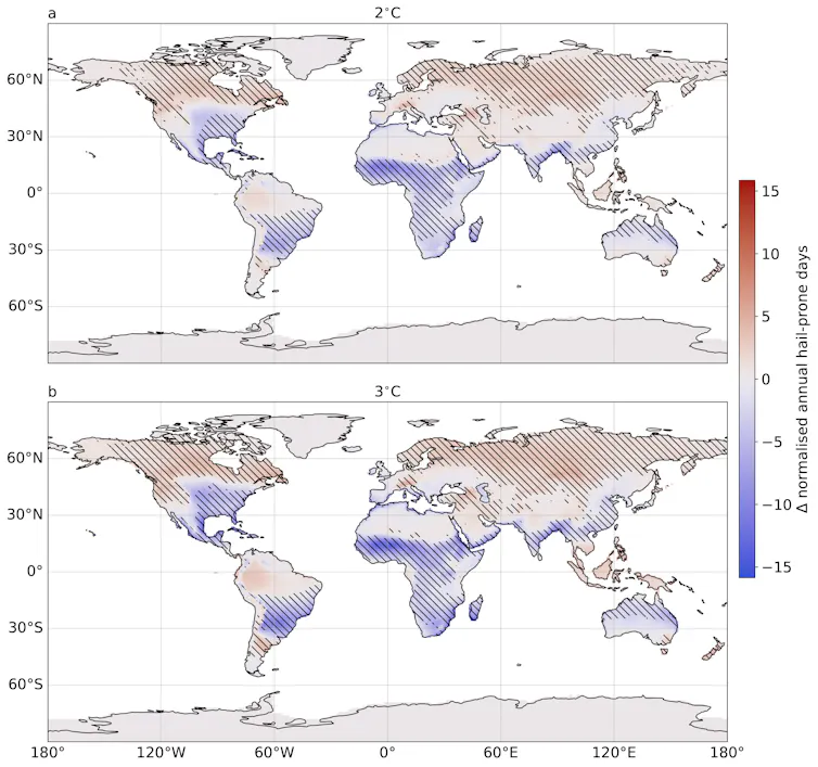 Two maps of the world showing projected changes in hail-prone day frequency.