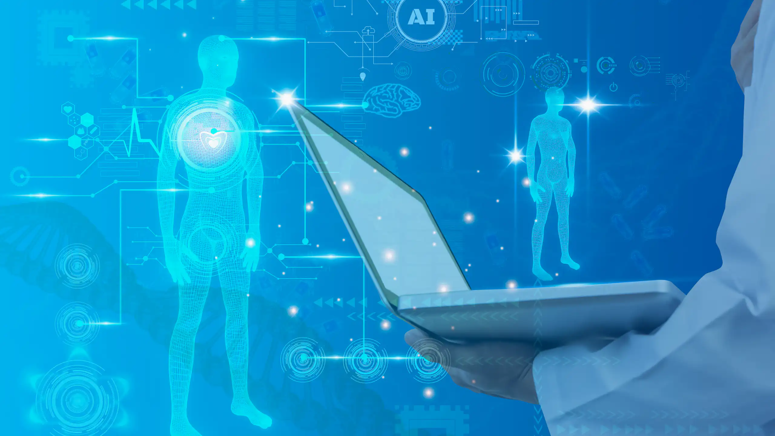 AI-generated image depicting someone examining a patient's hologram using their laptop.