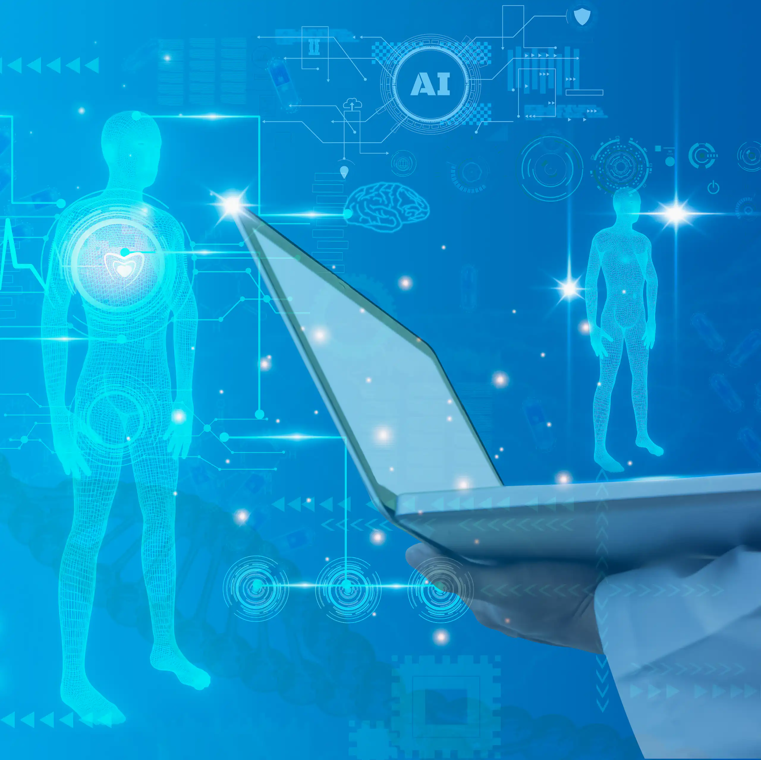 AI-generated image depicting someone examining a patient's hologram using their laptop.