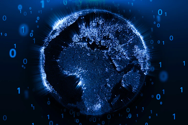 Illustration of the globe covered in points of light, surrounded by the numerals one and zero