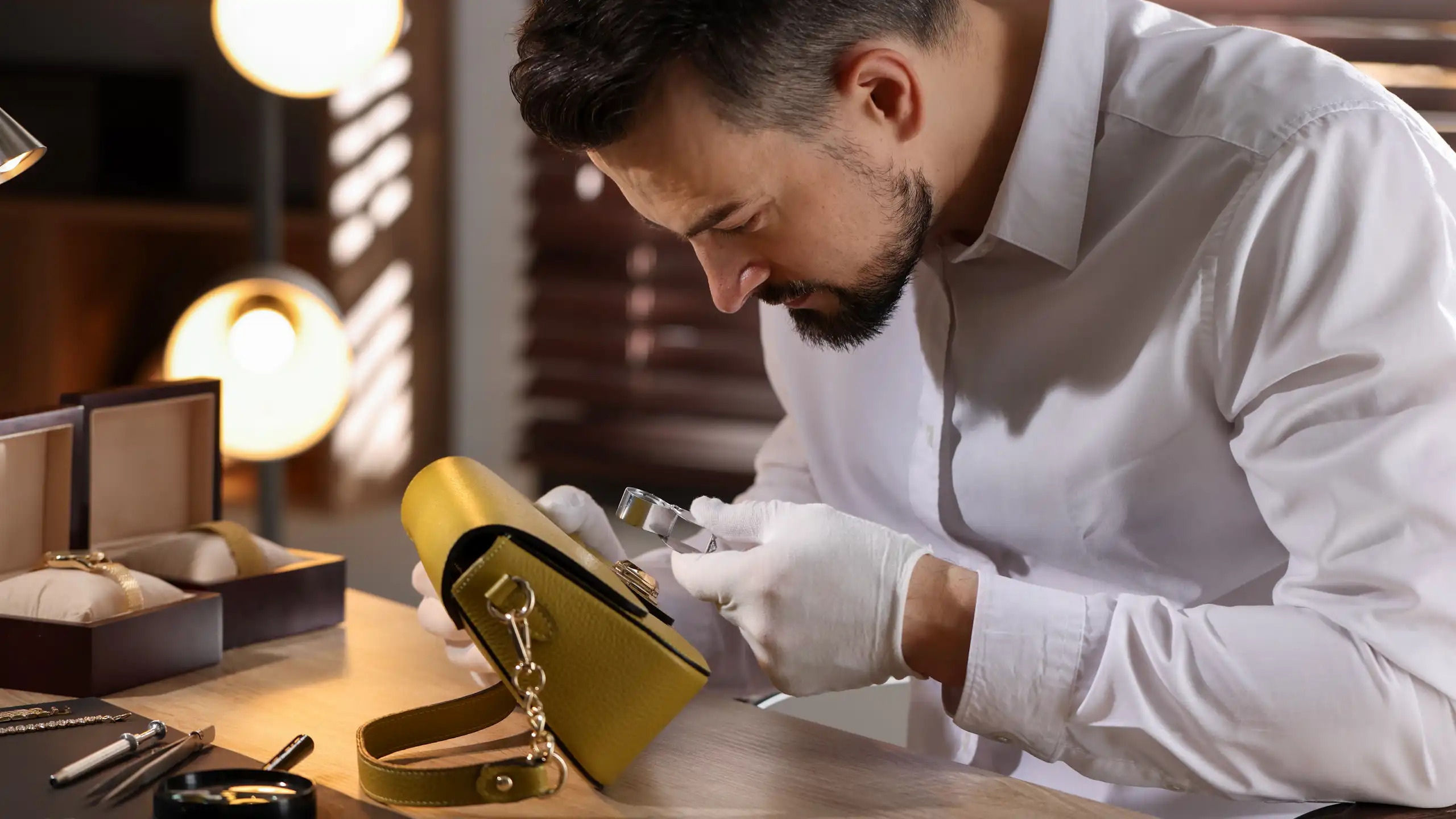 Un homme travaillant à une table d’évaluation de sacs en cuir de grande marque.