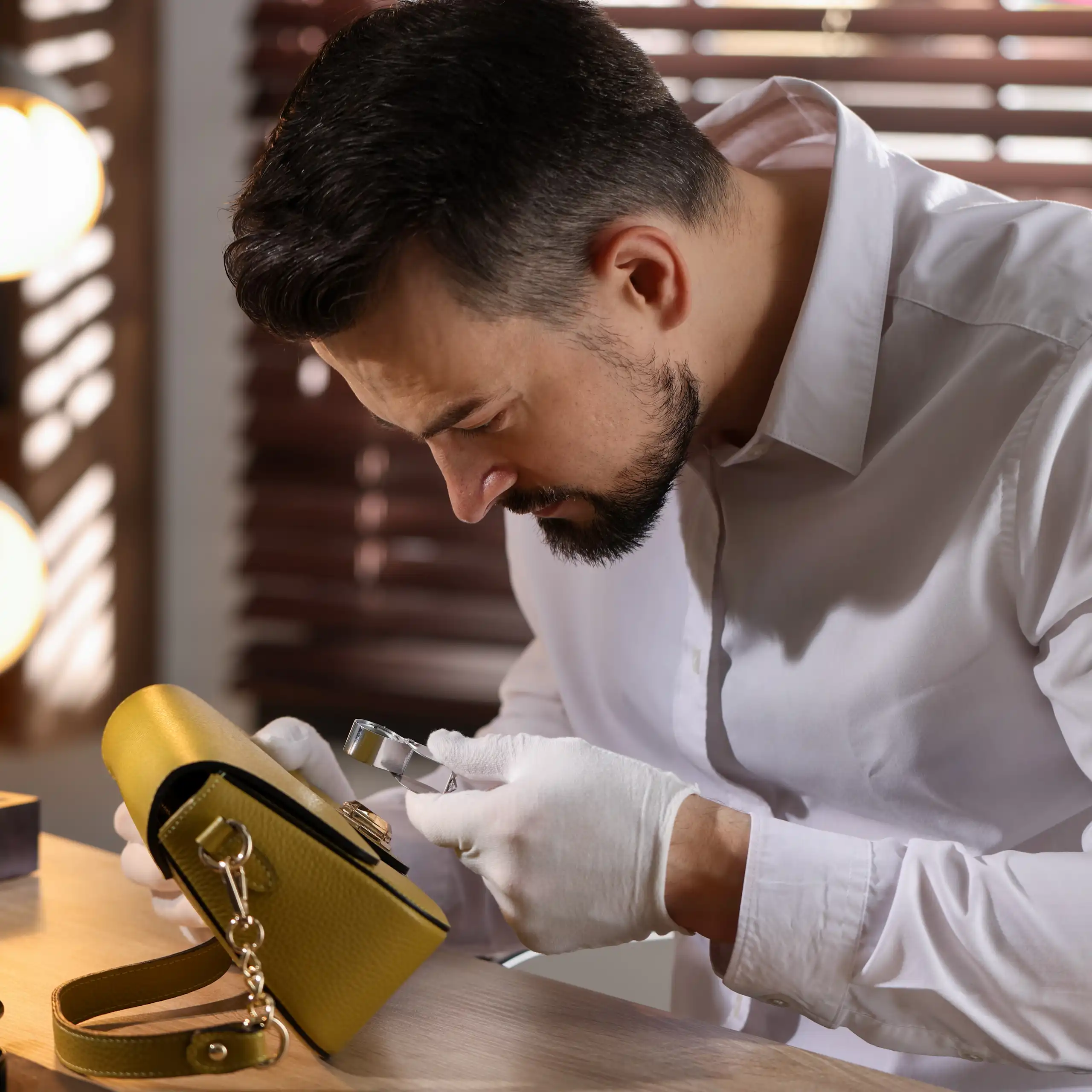 Un homme travaillant à une table d’évaluation de sacs en cuir de grande marque.