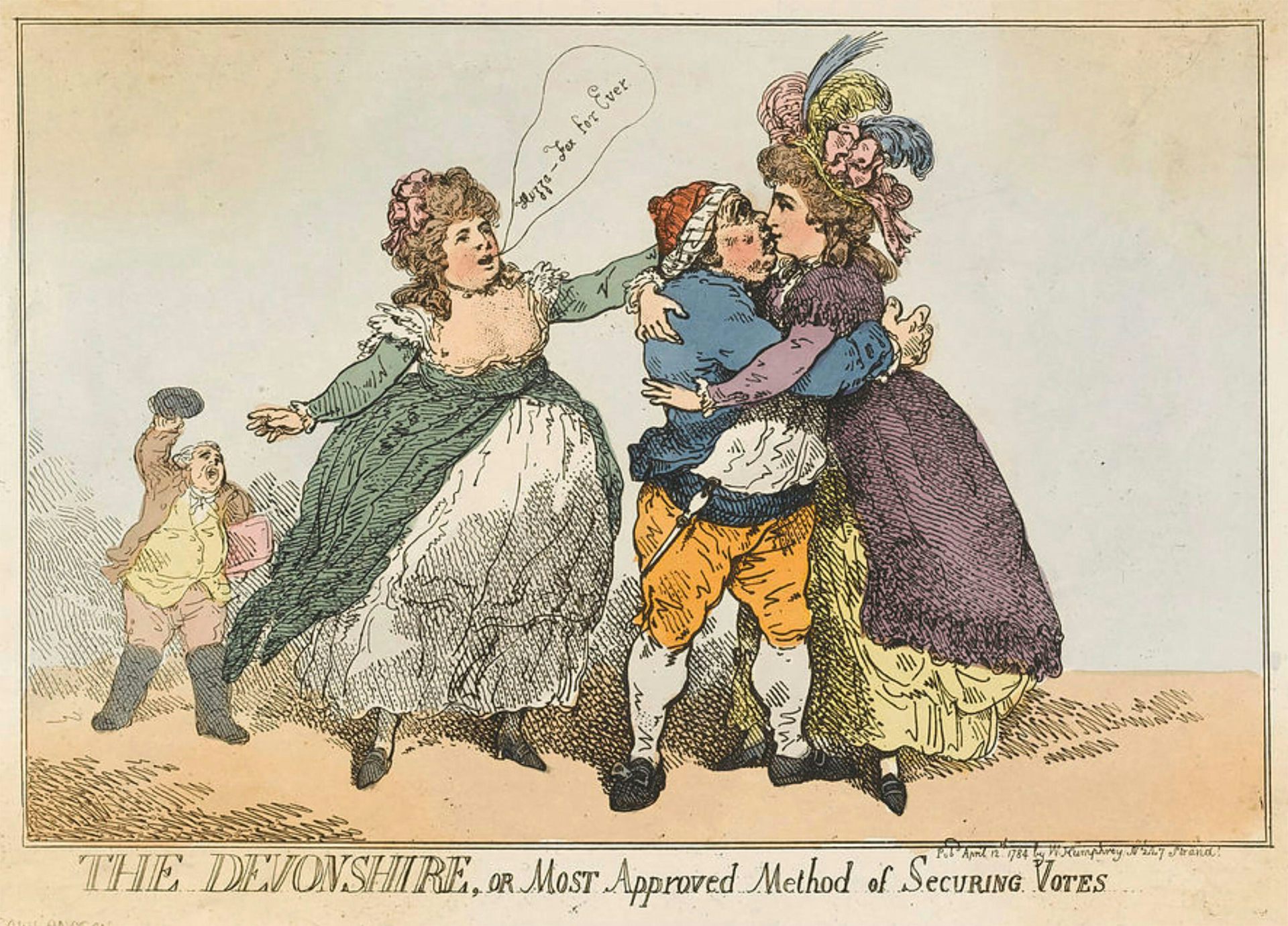 A print depicting a woman in a large feathered hat kissing a man.
