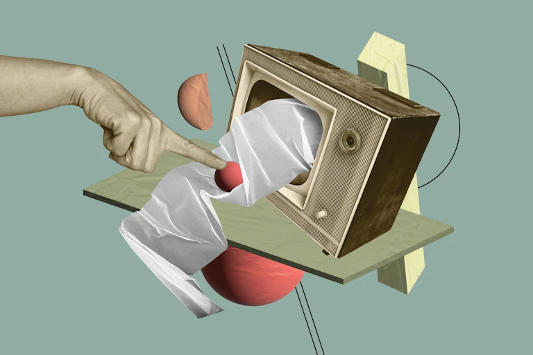 Collage que representa papel higiénico saliendo de una televisión