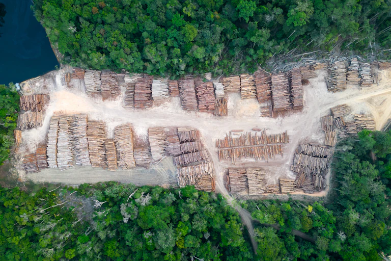 Vue d'en haut sur des tronçons de bois prêts à être transportés hors de la forêt.