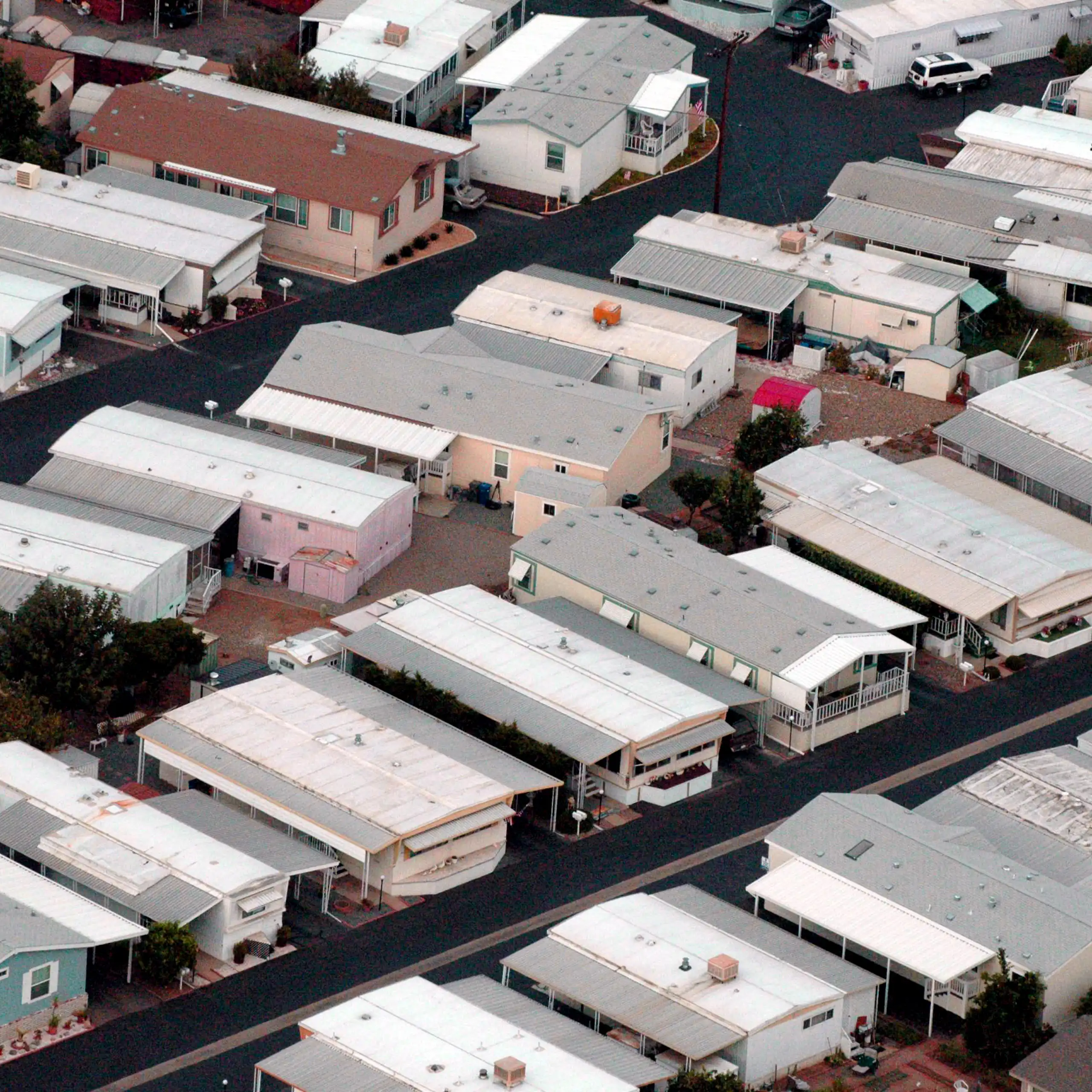 An aerial photograph of a mobile home park.
