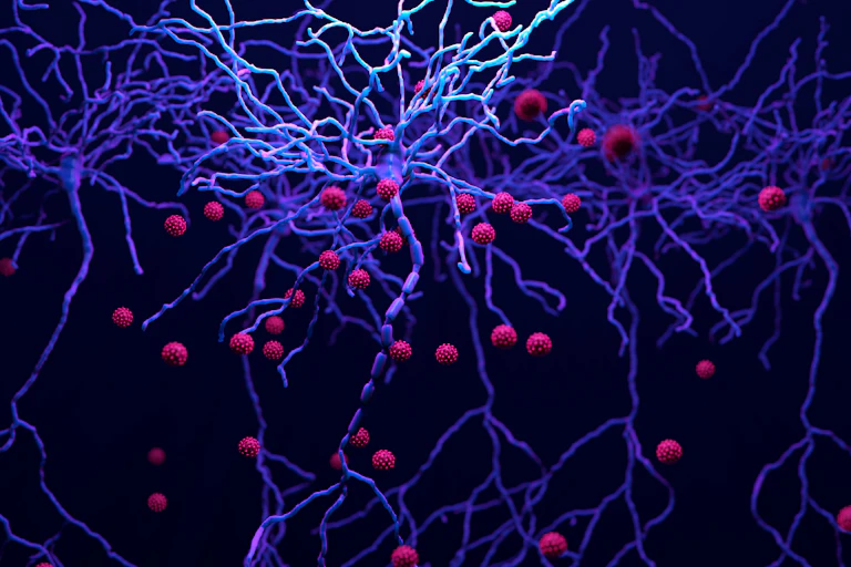 Illustration of spiked virus particles rising toward a branched structure against a dark background