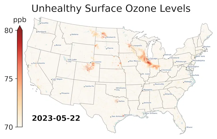Los incendios forestales deshacen el progreso de Estados Unidos en materia de contaminación por ozono 1 La animación muestra el ozono a nivel del suelo durante la intrusión de humo desde Canadá.