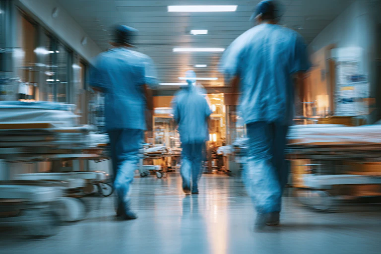 Blurred hospital corridor with medical personnel walking away