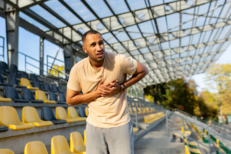 A fit man holds onto his chest while exercising in a stadium.