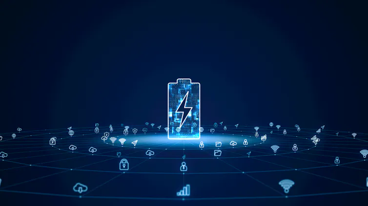 blue battery, water symbol graphics on dark background
