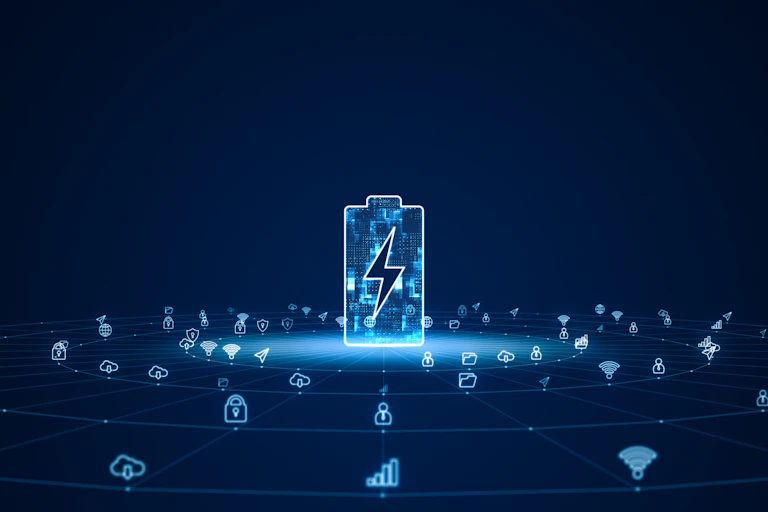 blue battery, water symbol graphics on dark background