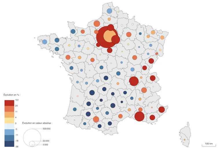 Evolution de l’emploi entre 1954 et 1975 par département