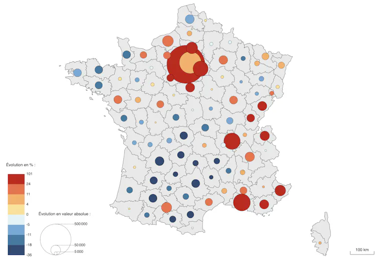 Evolution de l’emploi entre 1954 et 1975 par département