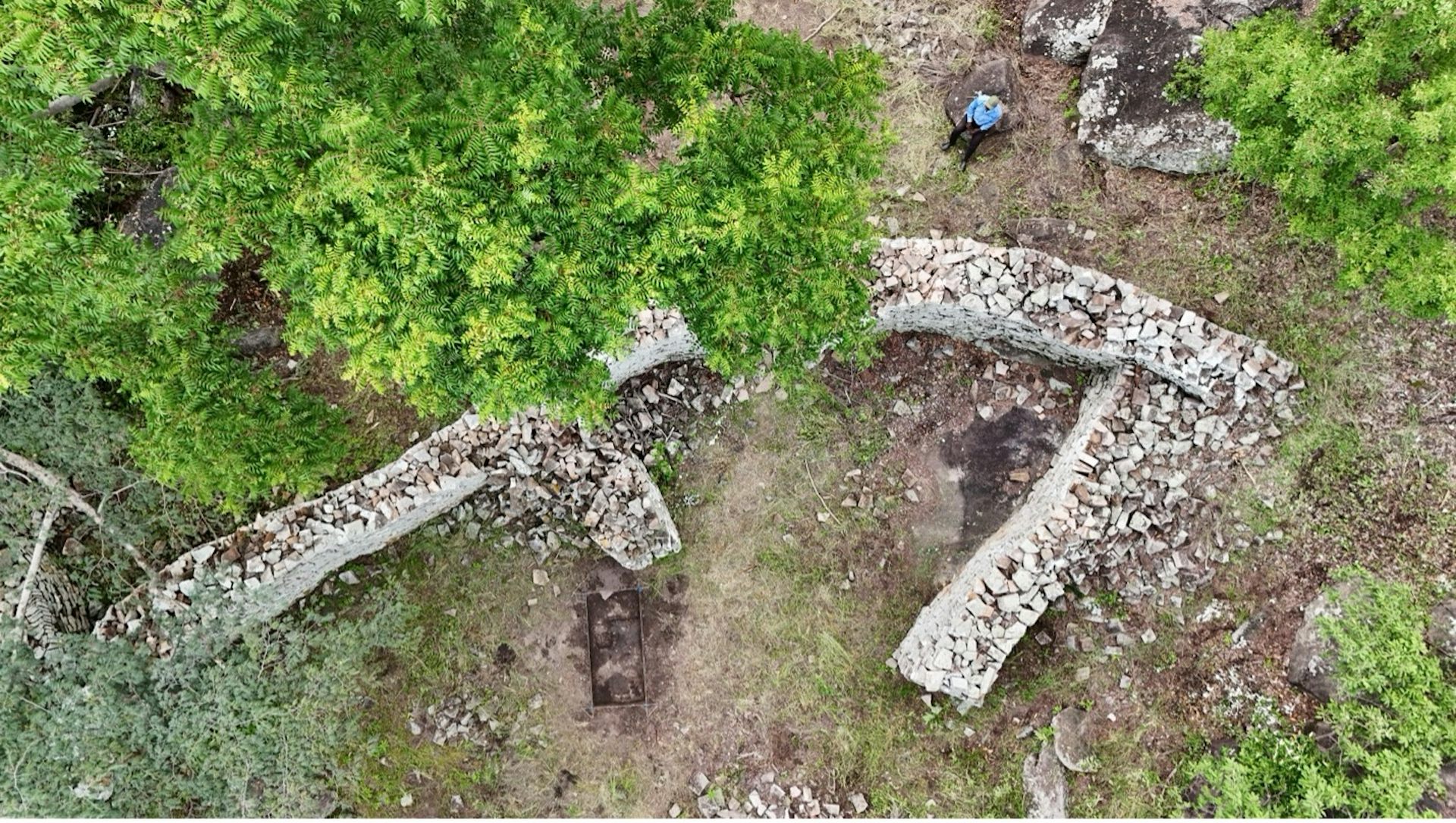 An aerial view of stone walls in a leafy landscape.