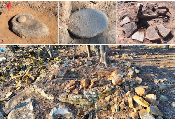 Four photos showing stone objects for grinding and the like.