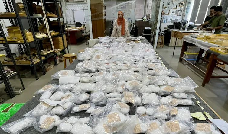 Un investigador de pie junto a una mesa completamente cubierta de fósiles en bolsas