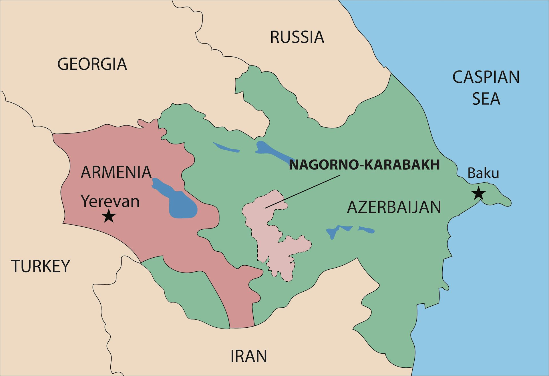 A map of Armenia and Azerbaijan, highlighting the Nagorno-Karabakh region.
