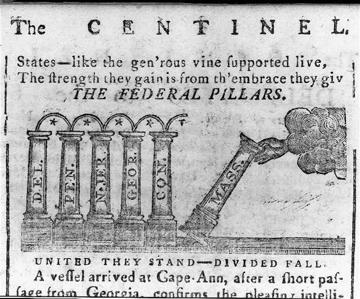 A political cartoon from 1788 showing columns, each labeled after a state, being placed upright by a hand extending from a cloud, labeled 'United they stand - divided fall.'