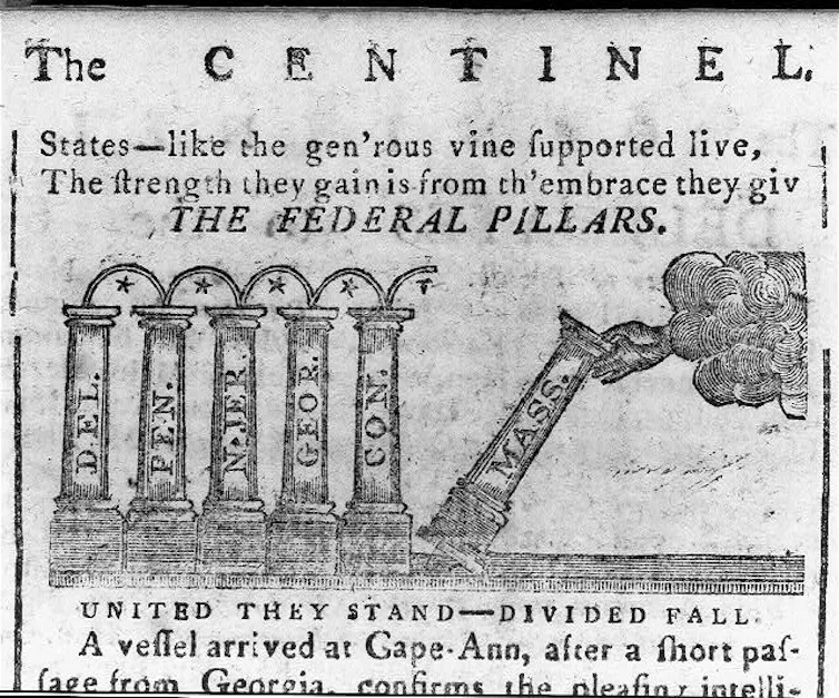 A political cartoon from 1788 showing columns, each labeled after a state, being placed upright by a hand extending from a cloud, labeled 'United they stand - divided fall.'