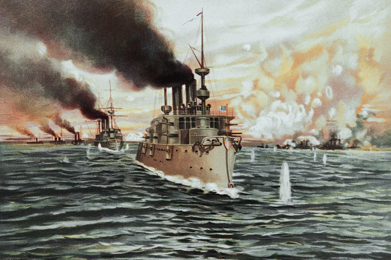 a painting of warships firing at sea