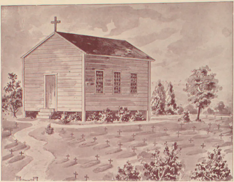 Cincinnati, donde Vance se convirtió, ofrece una visión de la historia del catolicismo en el corazón de Estados Unidos. 1 Ilustración en sepia de un edificio de madera con una pequeña cruz en la parte superior.