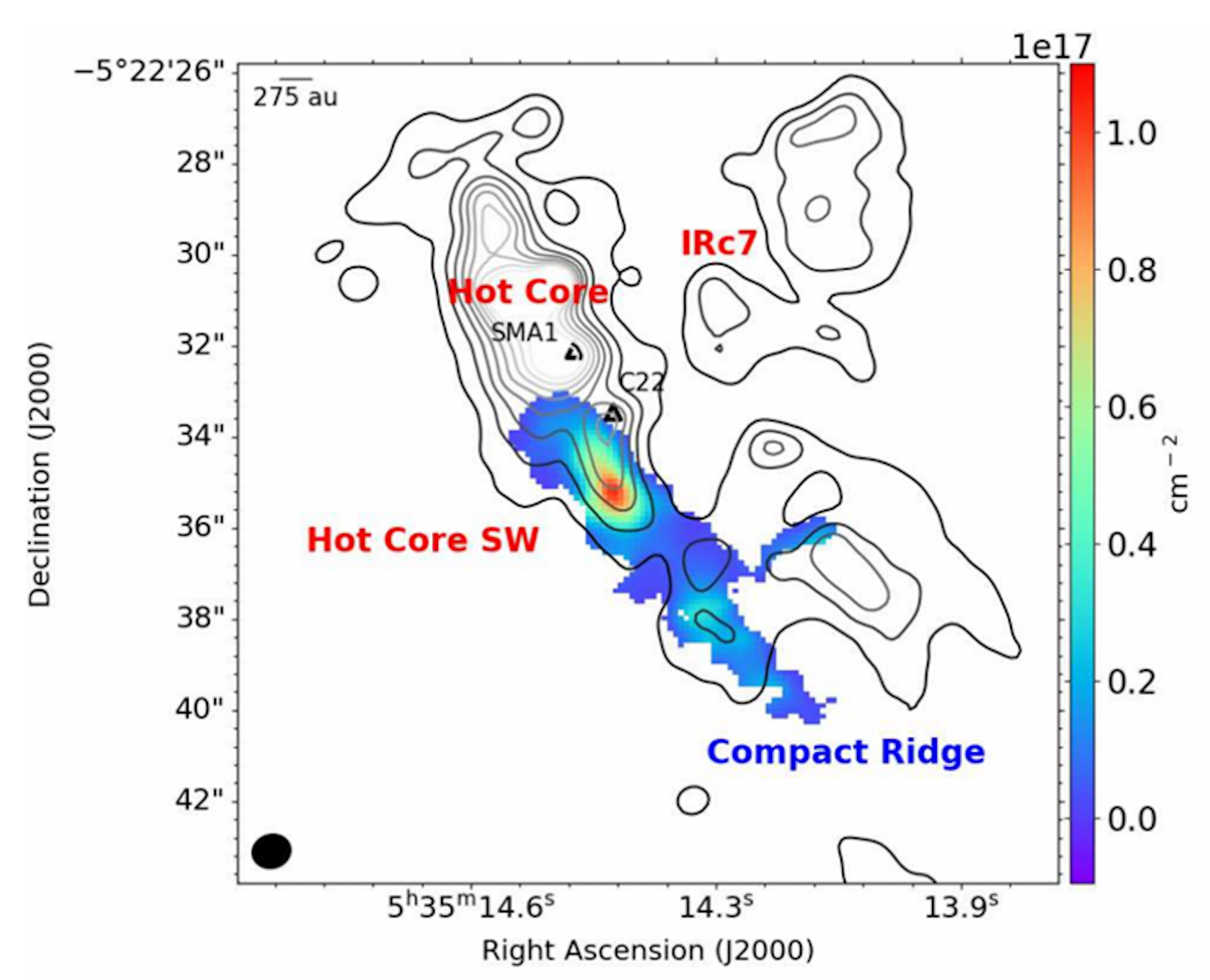 Astronomical map showing abundance of one type of methanol in Orion KL.