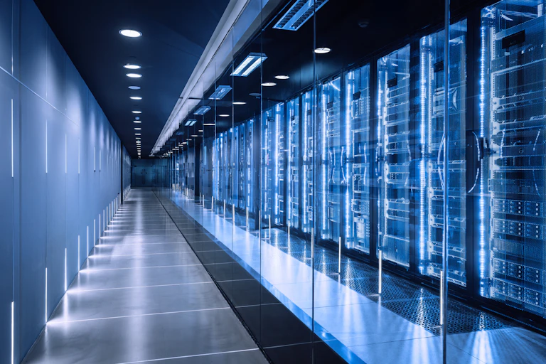 A data centres with a rack of servers