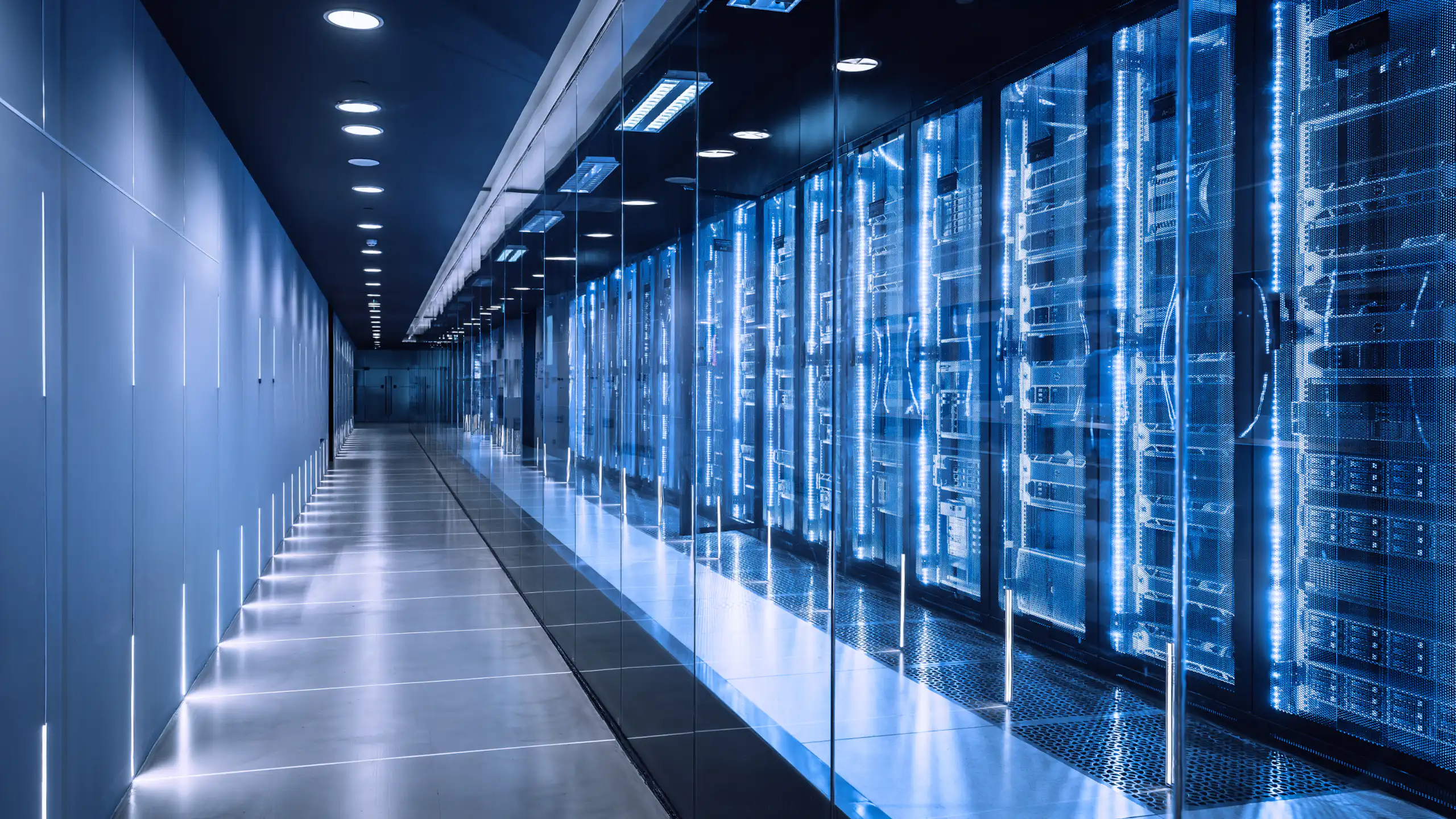 A data centres with a rack of servers