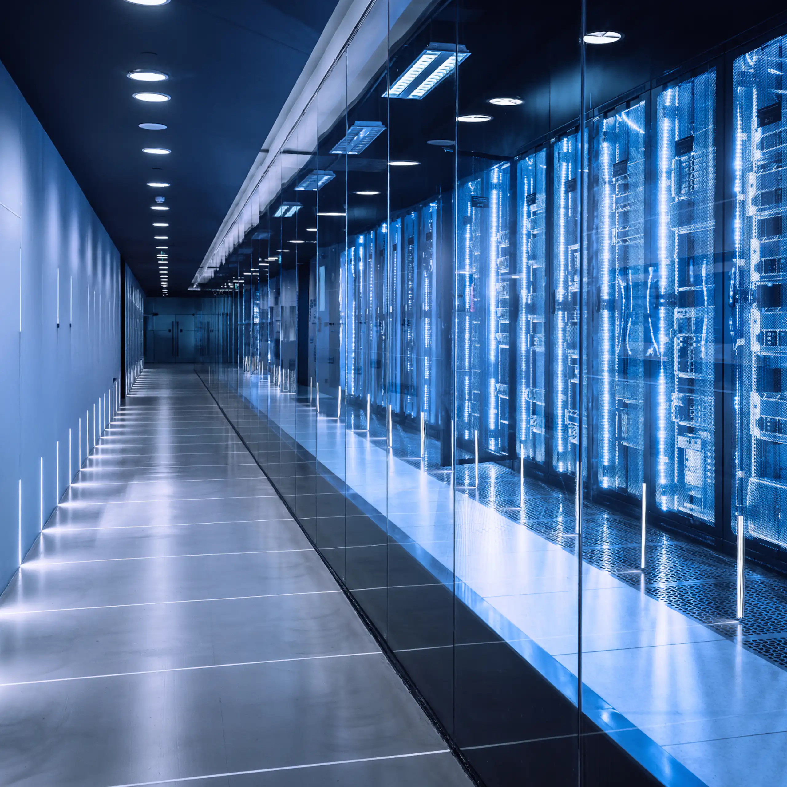 A data centres with a rack of servers