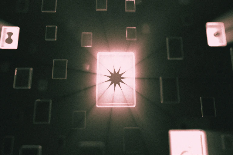 A keyhole and shattered glass in illuminated boxes against a black background.