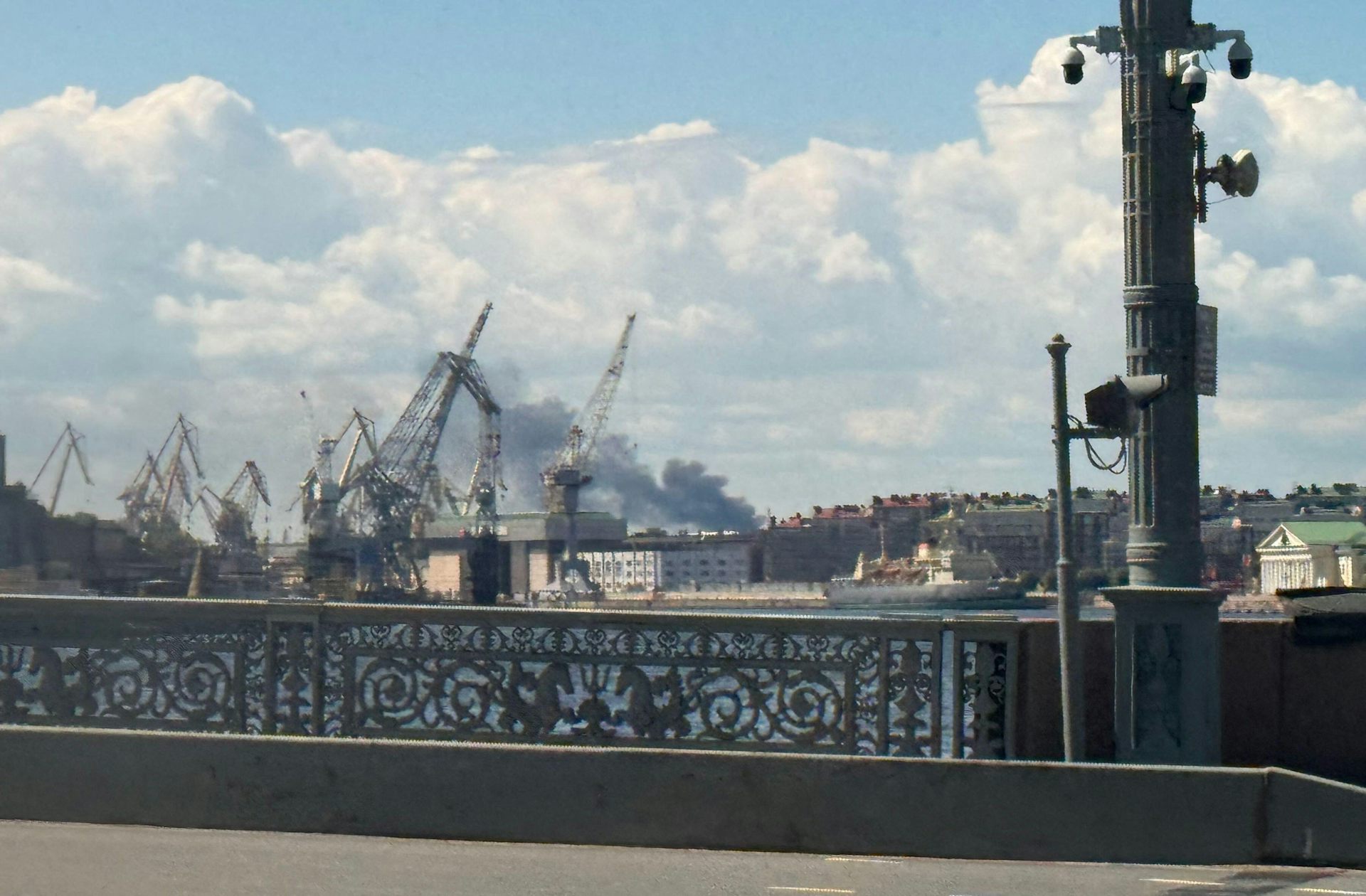 Smoke rises over St Petersburg harbour, June 3 2026.