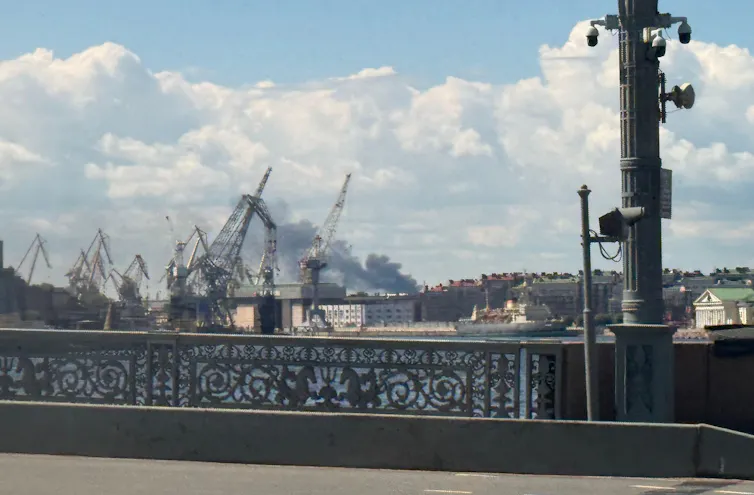 Smoke rises over St Petersburg harbour, June 3 2026.